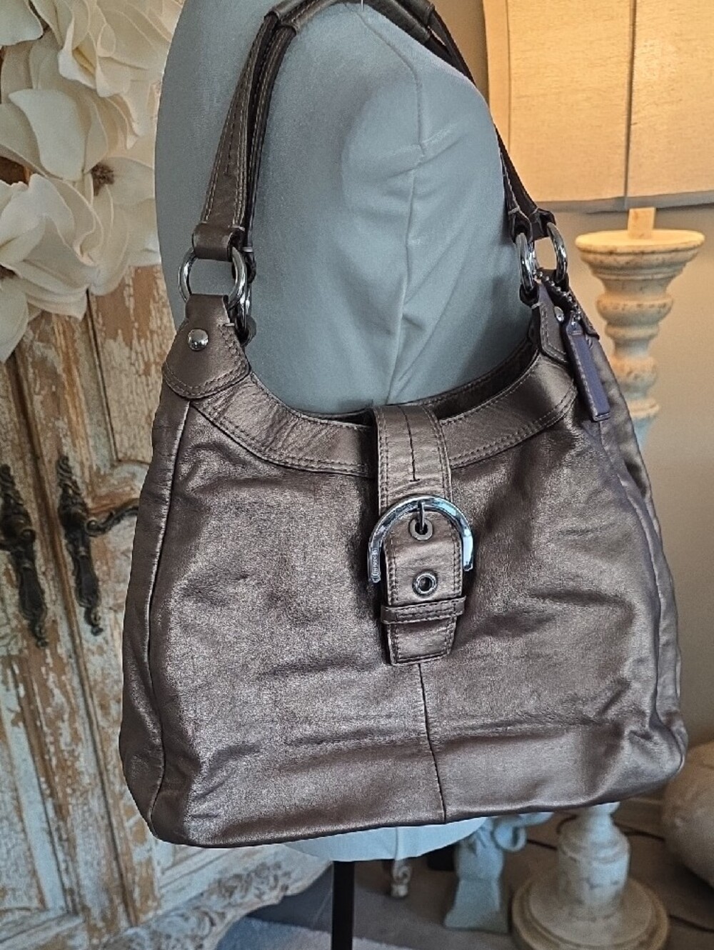 Coach Metallic Bronze/ Gold Leather Shoulder Bag with Silver Hardware - Picture 3 of 14